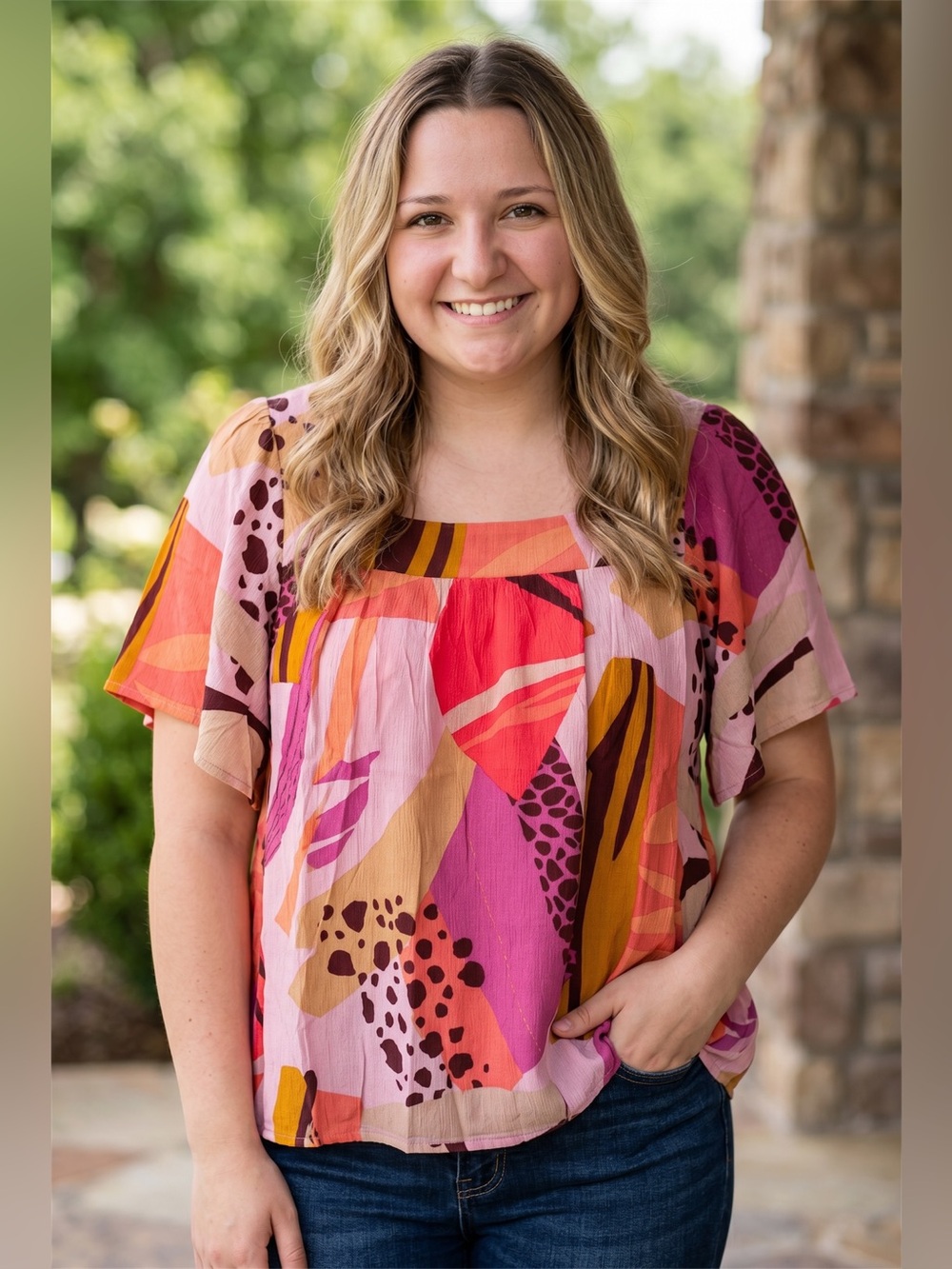 And the Why Abstract Multi-Color Square Neck Short Sleeve Top